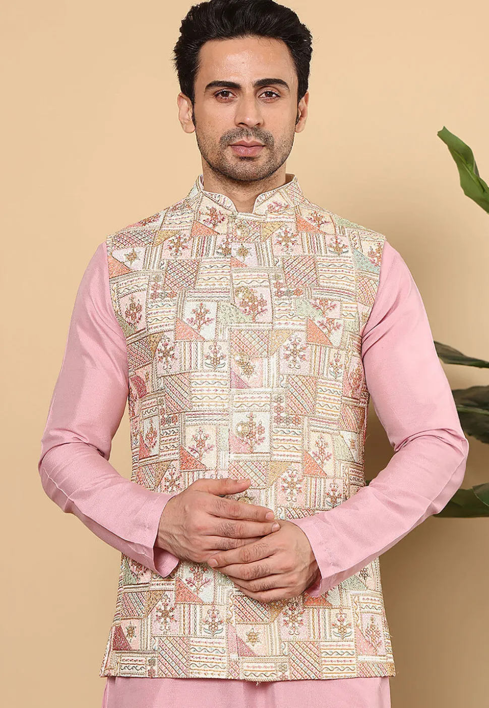 Embroidered Art Silk Nehru Jacket in Off White