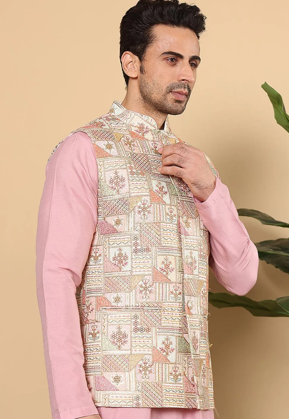 Embroidered Art Silk Nehru Jacket in Off White