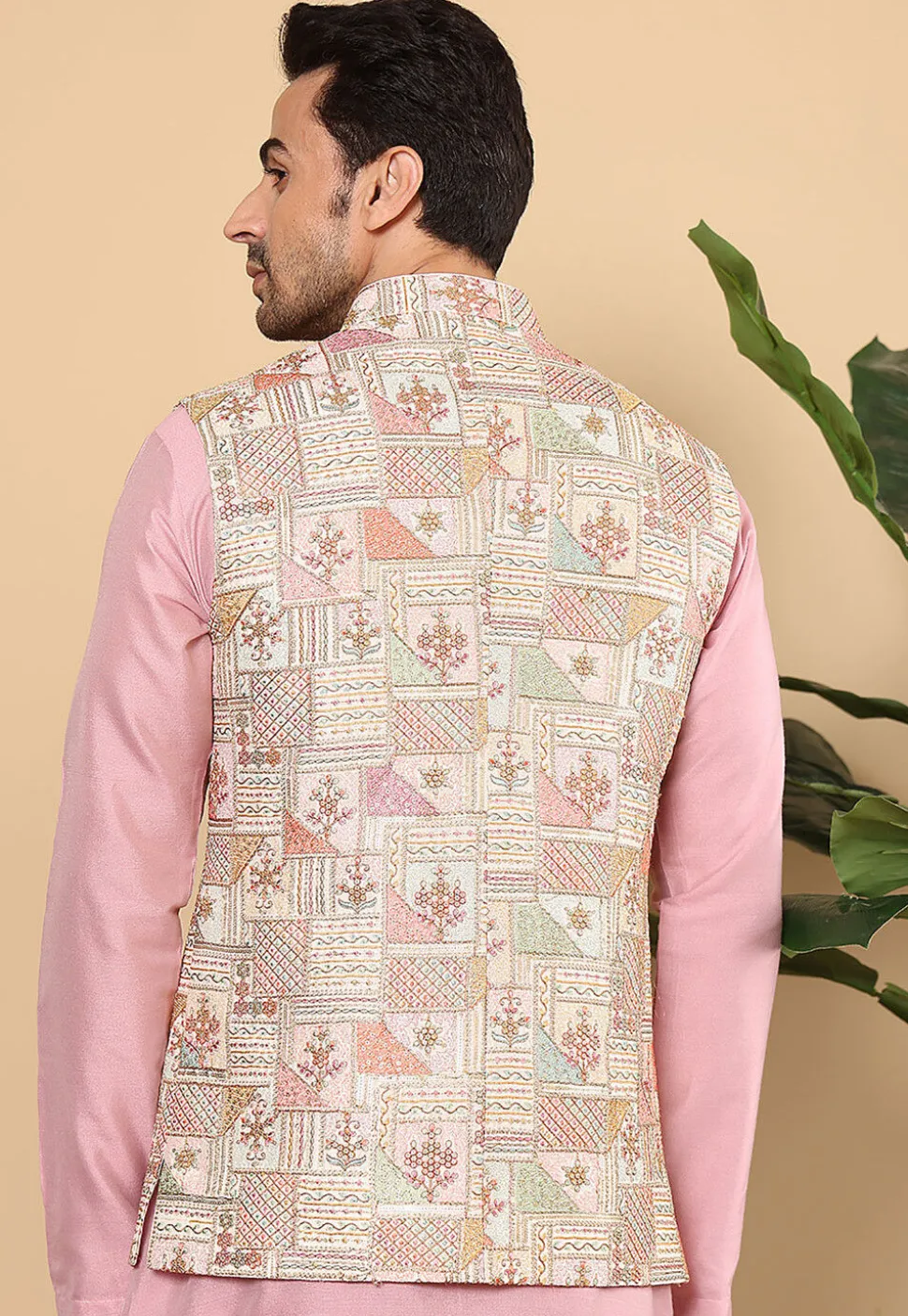 Embroidered Art Silk Nehru Jacket in Off White