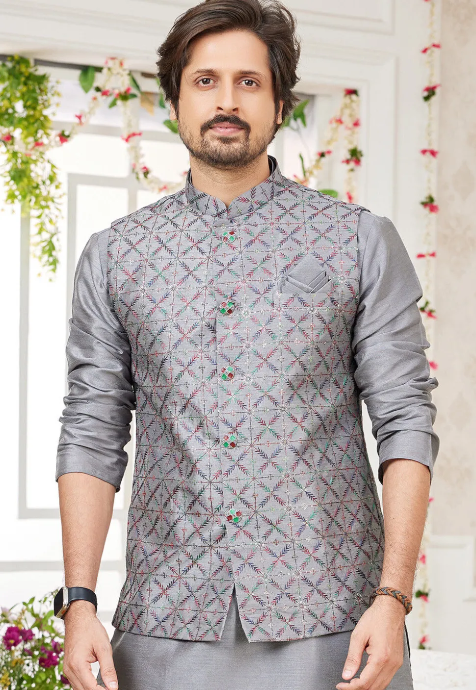 Embroidered Art Silk Nehru Jacket in Grey