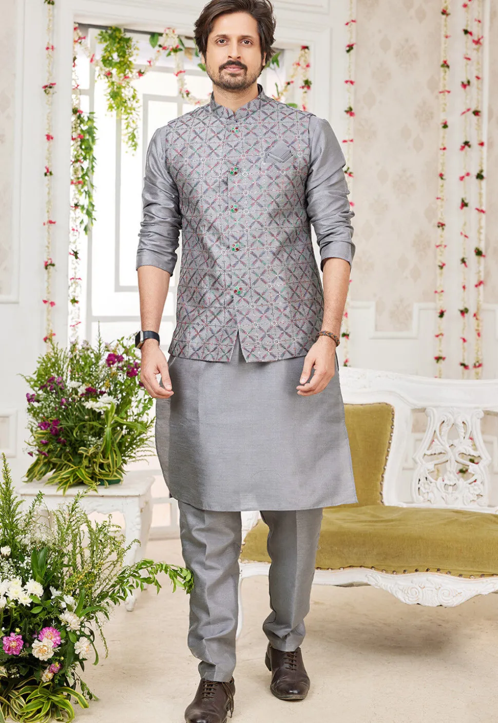 Embroidered Art Silk Nehru Jacket in Grey