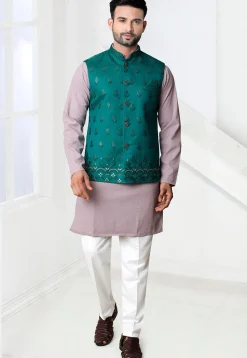 Embroidered Art Silk Nehru Jacket in Teal Green