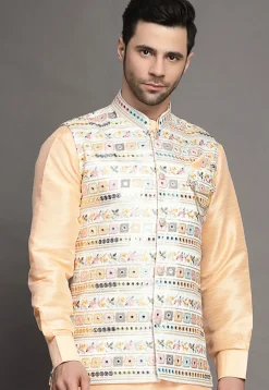 Embroidered Art Silk Nehru Jacket in Light Beige