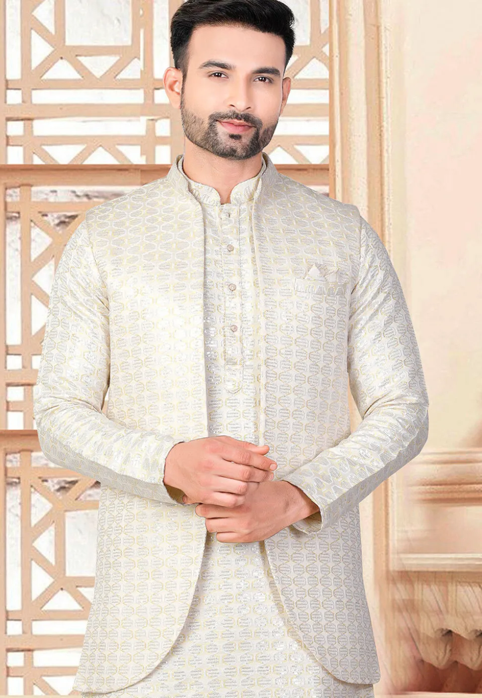 Embroidered Art Silk Nehru Jacket in Off White