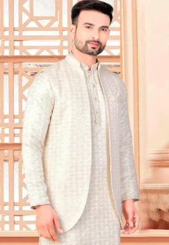 Embroidered Art Silk Nehru Jacket in Off White