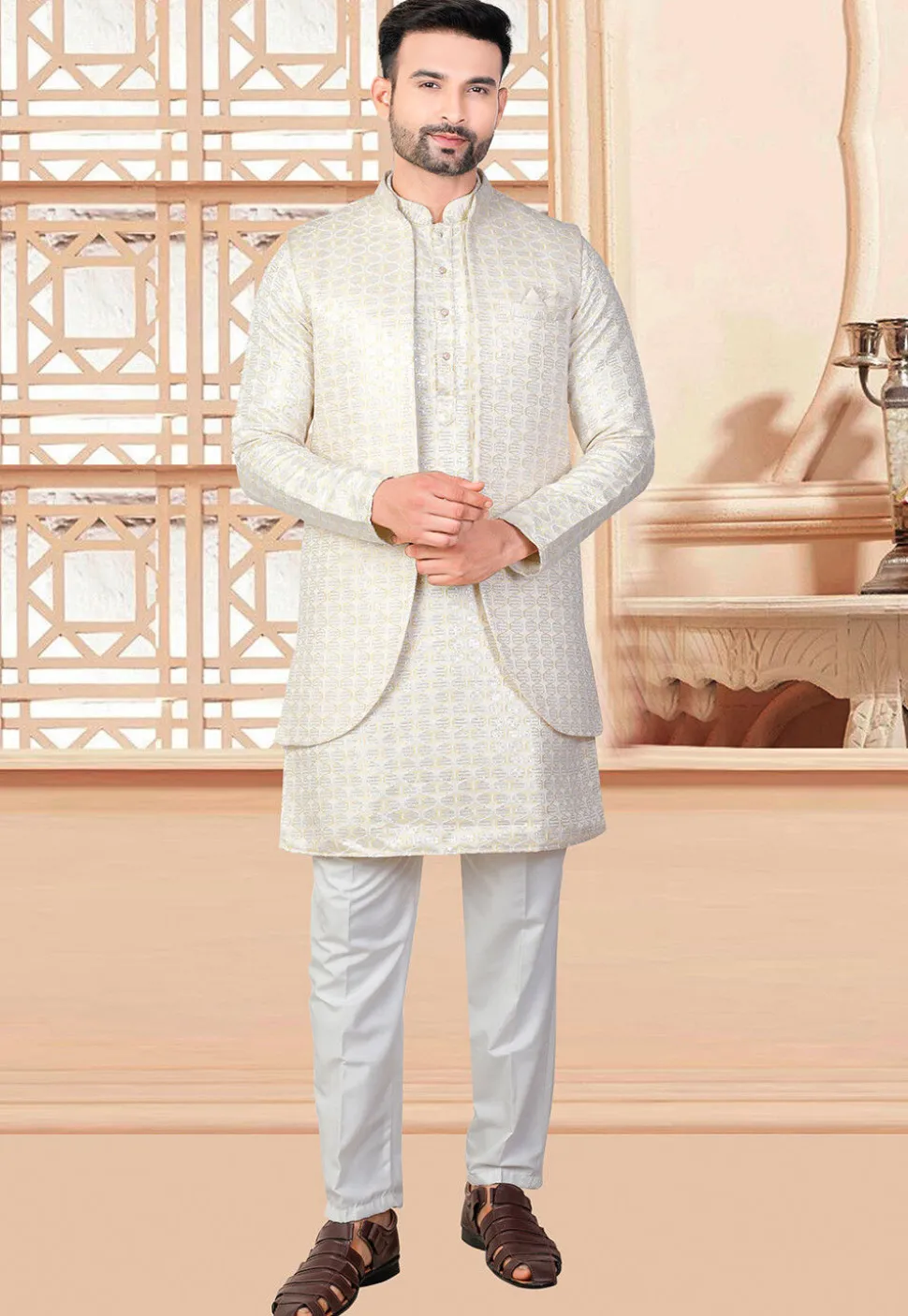 Embroidered Art Silk Nehru Jacket in Off White