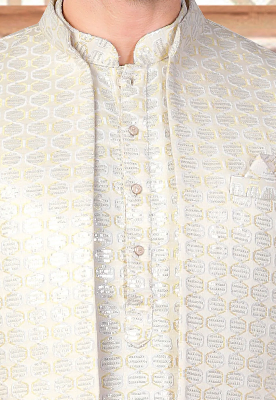 Embroidered Art Silk Nehru Jacket in Off White