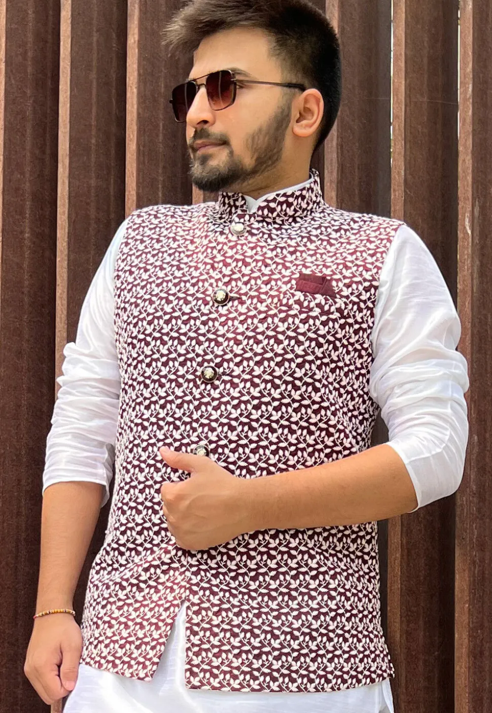 Embroidered Art Silk Nehru Jacket in Maroon