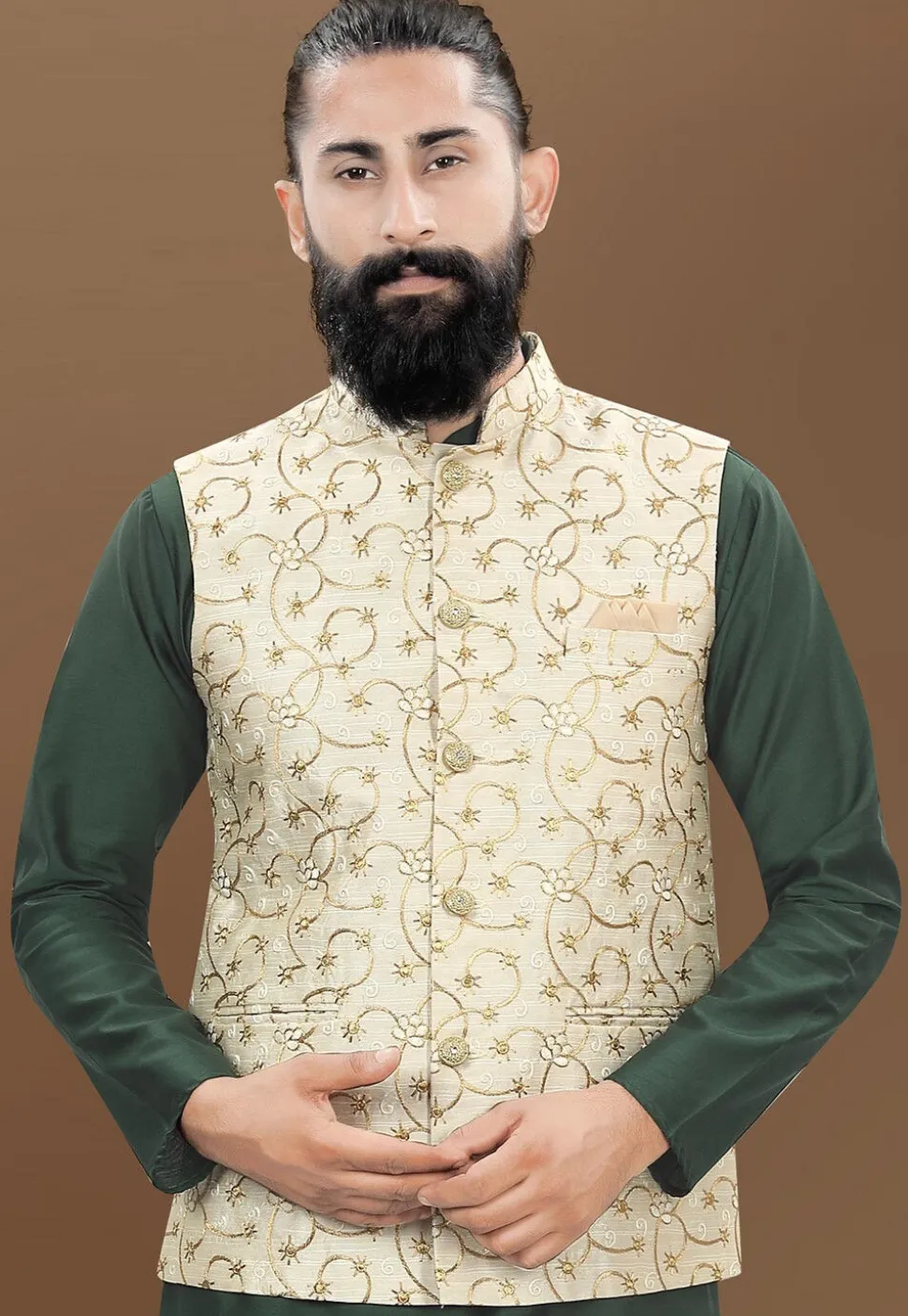 Embroidered Art Silk Nehru Jacket in Cream