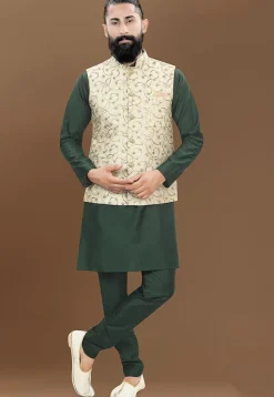 Embroidered Art Silk Nehru Jacket in Cream