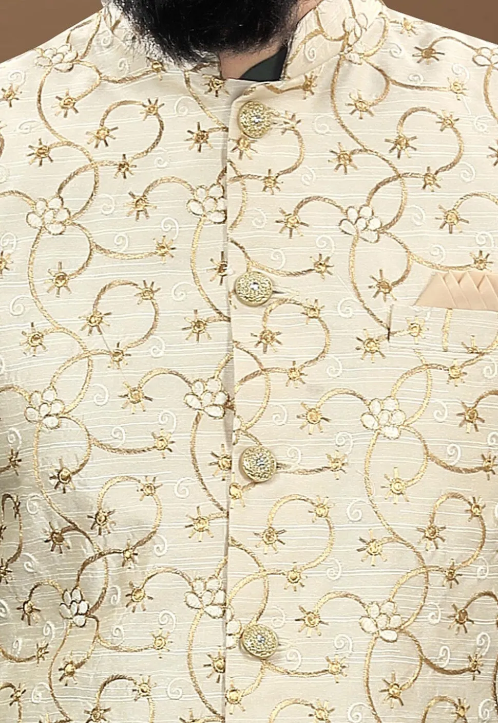 Embroidered Art Silk Nehru Jacket in Cream