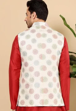 Embroidered Art Silk Nehru Jacket in Off White