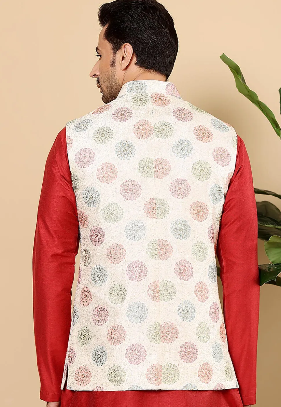 Embroidered Art Silk Nehru Jacket in Off White