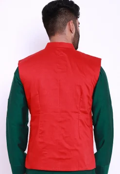 Embroidered Art Silk Nehru Jacket in Red