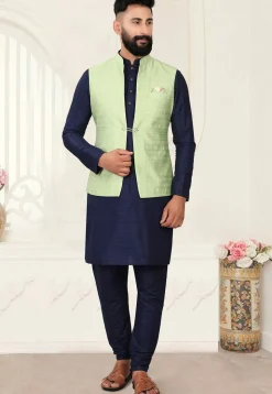 Embroidered Art Silk Nehru Jacket in Light Green