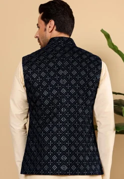 Embroidered Art Silk Nehru Jacket in Black