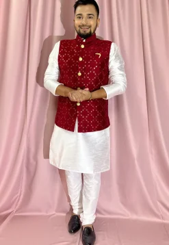 Embroidered Art Silk Nehru Jacket in Maroon