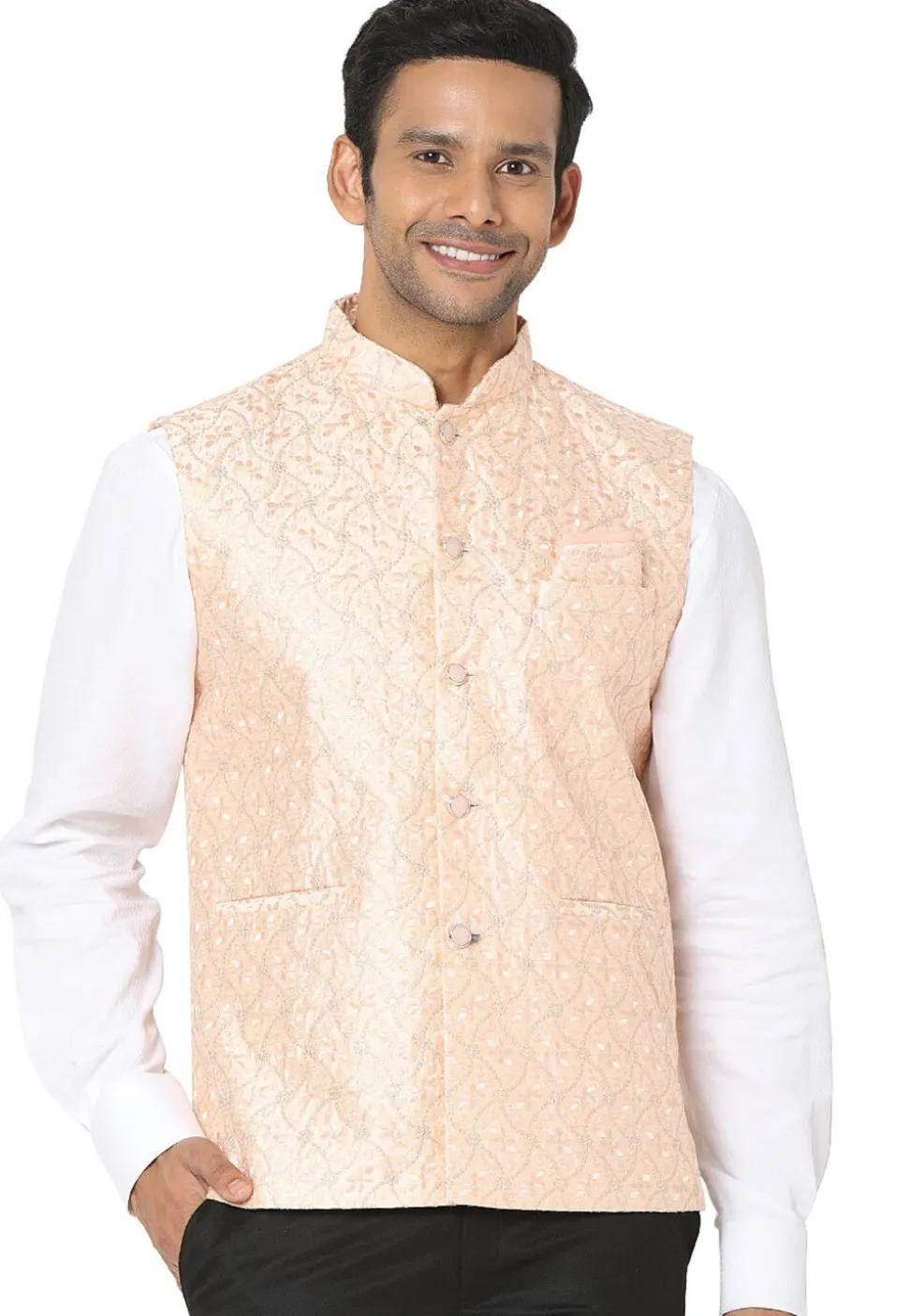 Embroidered Art Silk Nehru Jacket in Peach Orange