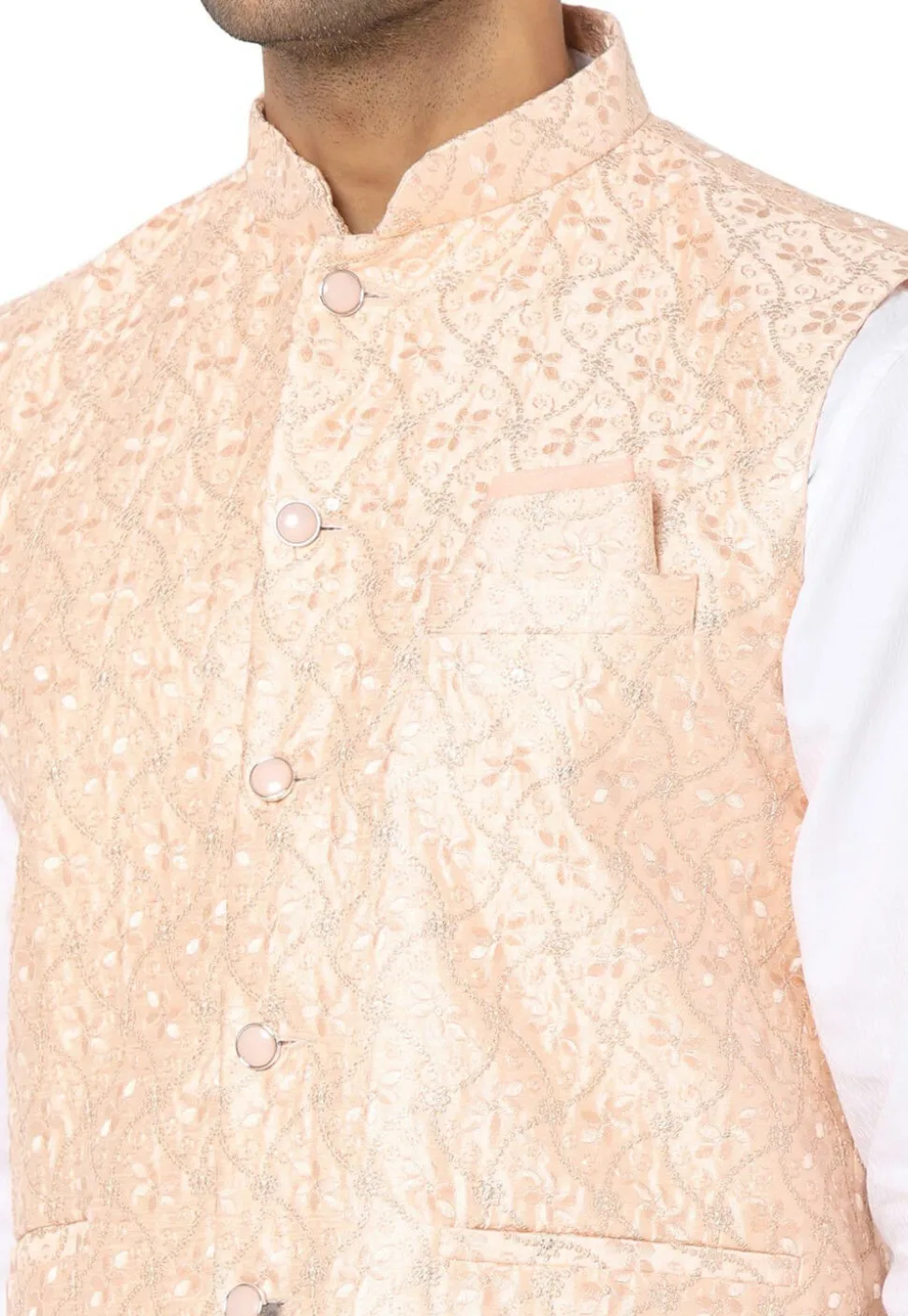 Embroidered Art Silk Nehru Jacket in Peach Orange