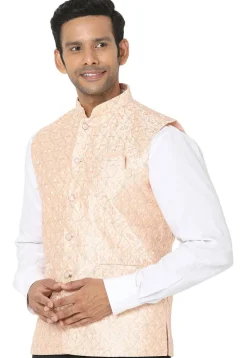 Embroidered Art Silk Nehru Jacket in Peach Orange