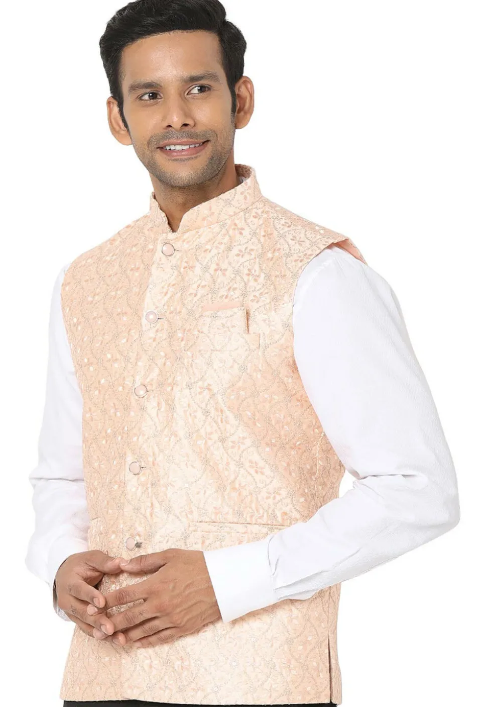Embroidered Art Silk Nehru Jacket in Peach Orange