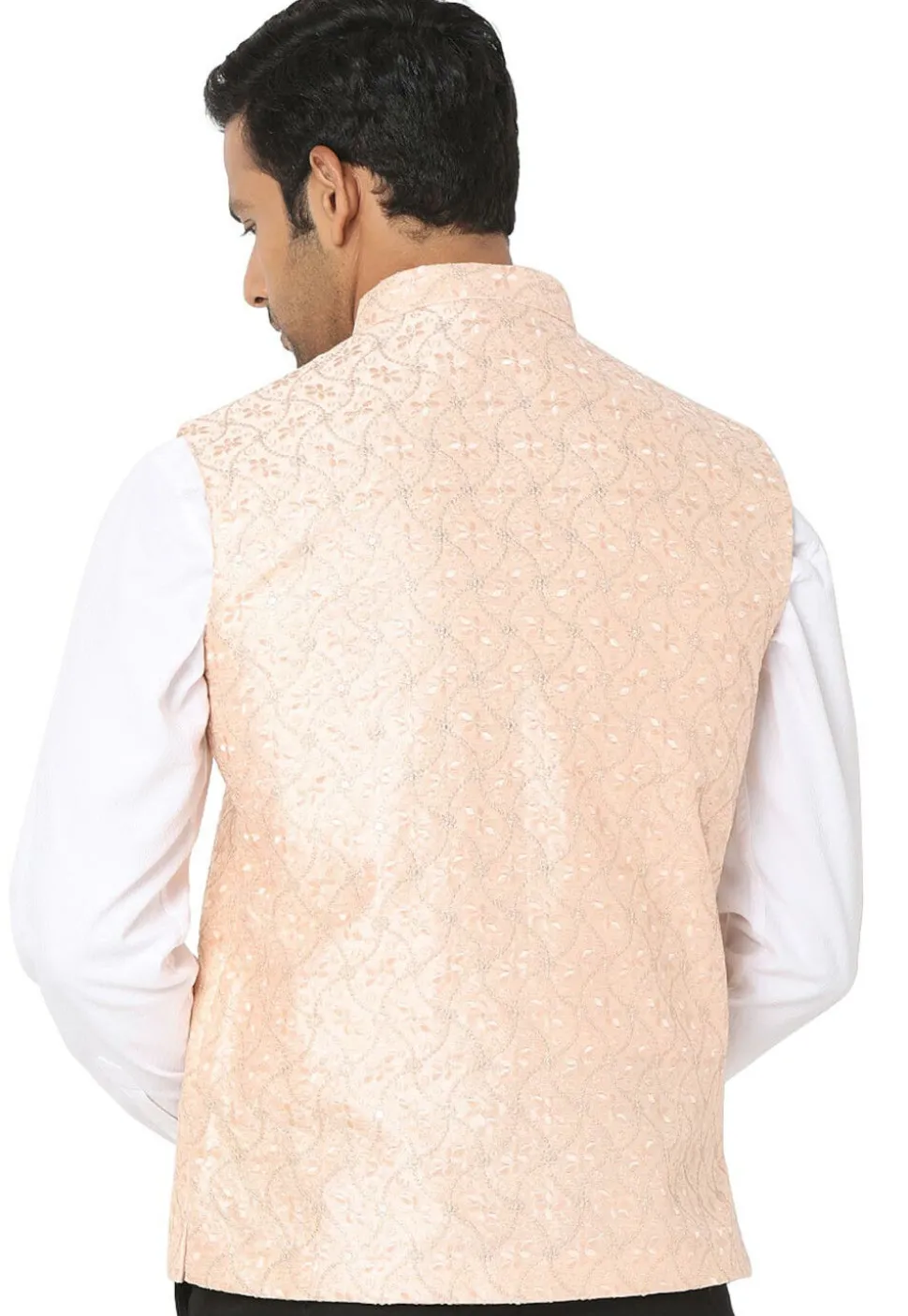 Embroidered Art Silk Nehru Jacket in Peach Orange