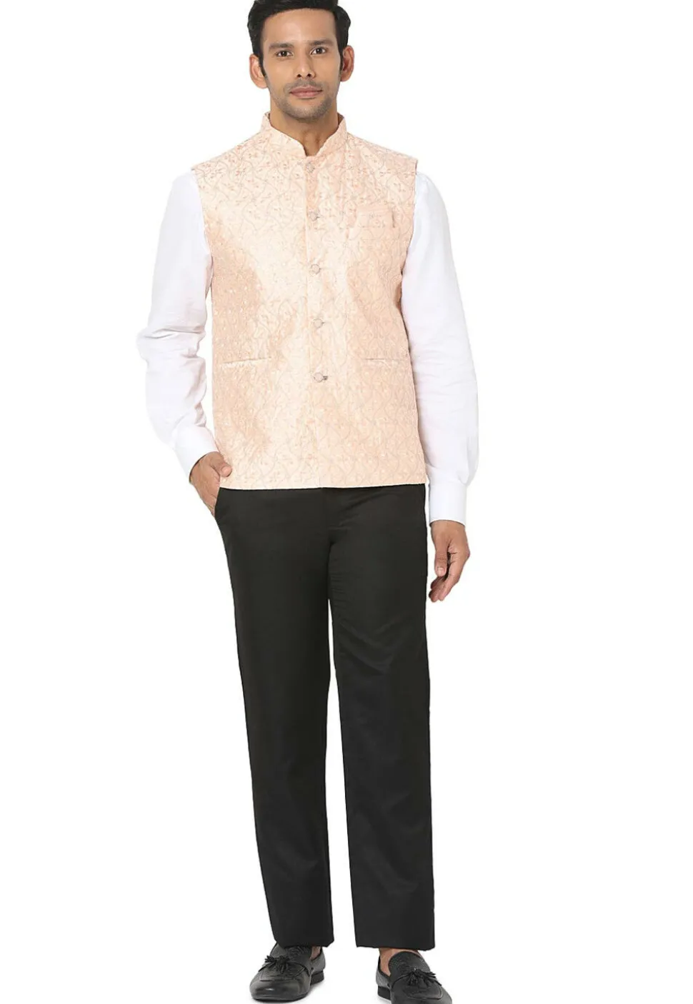 Embroidered Art Silk Nehru Jacket in Peach Orange