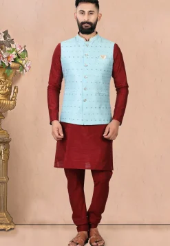 Embroidered Art Silk Nehru Jacket in Sky Blue