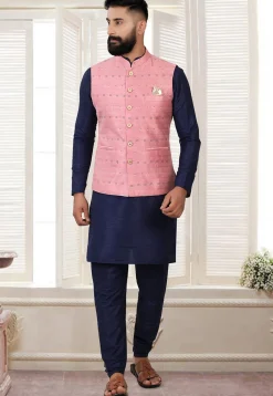 Embroidered Art Silk Nehru Jacket in Pink