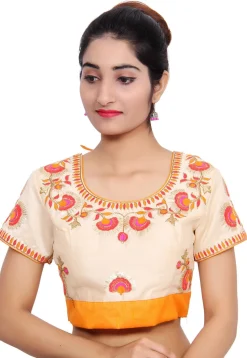 Embroidered Art Silk Padded Blouse in Off white