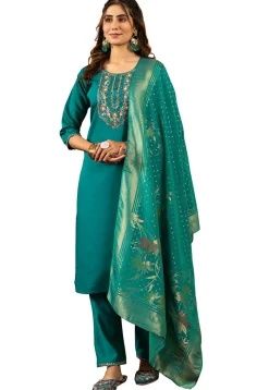 Embroidered Art Silk Pakistani Suit in Teal Green