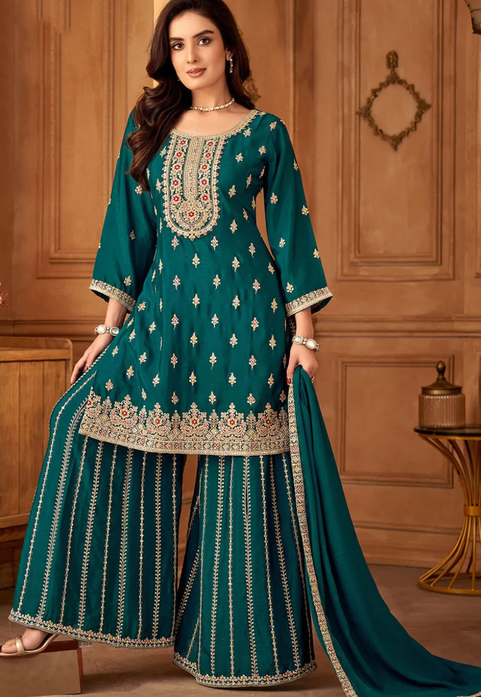 Embroidered Art Silk Pakistani Suit in Turquoise
