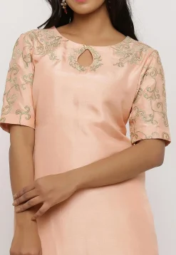 Embroidered Art Silk Pakistani Kurta in Old Rose