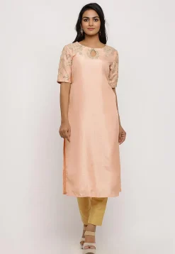 Embroidered Art Silk Pakistani Kurta in Old Rose