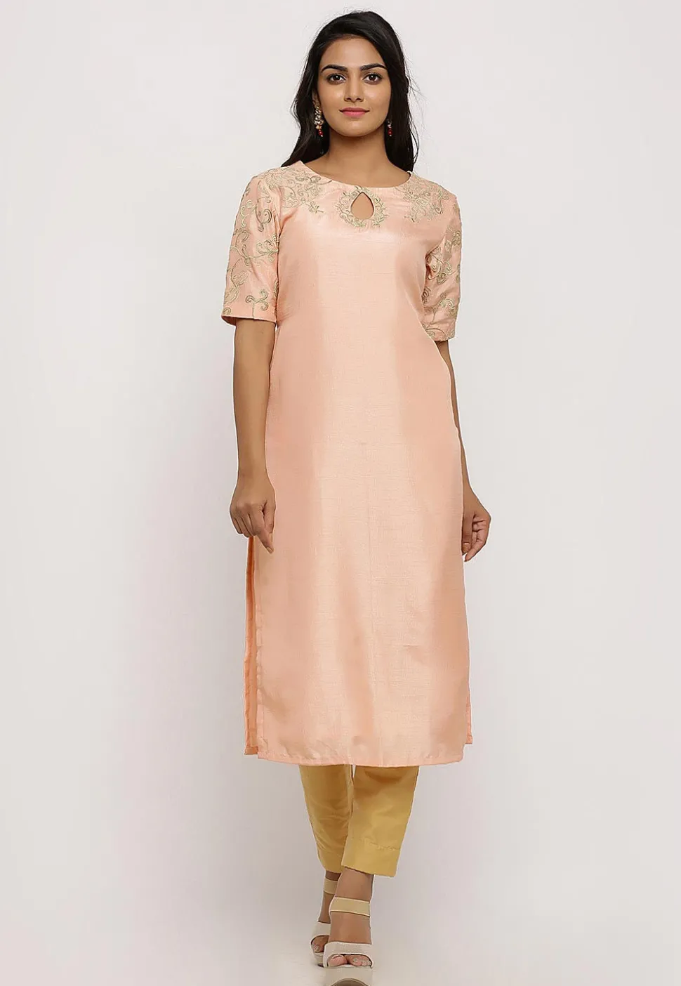 Embroidered Art Silk Pakistani Kurta in Old Rose