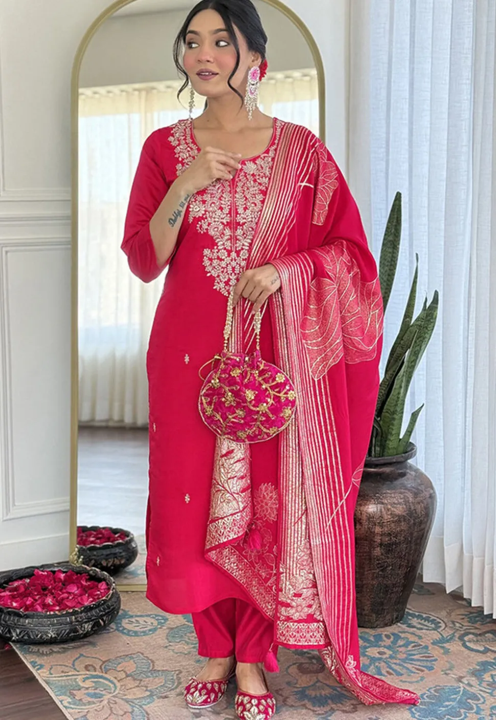Embroidered Art Silk Pakistani Suit in Fuchsia