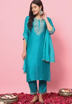 Embroidered Art Silk Pakistani Suit in Turquoise