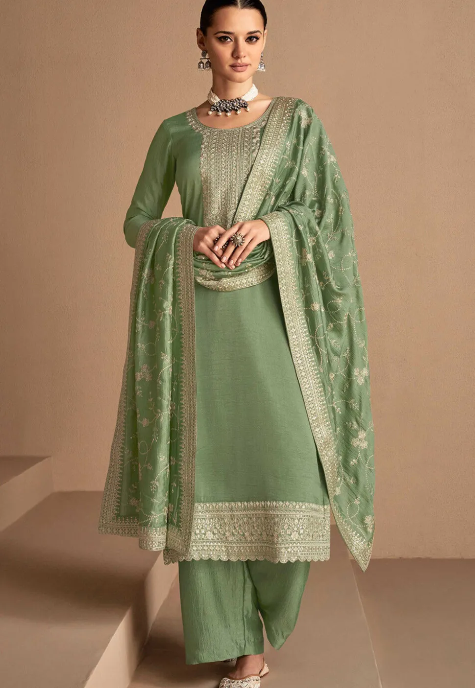 Embroidered Art Silk Pakistani Suit in Dusty Green