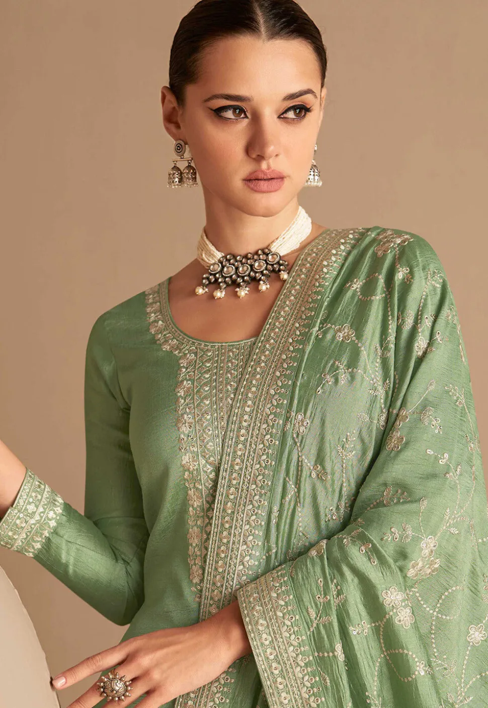 Embroidered Art Silk Pakistani Suit in Dusty Green