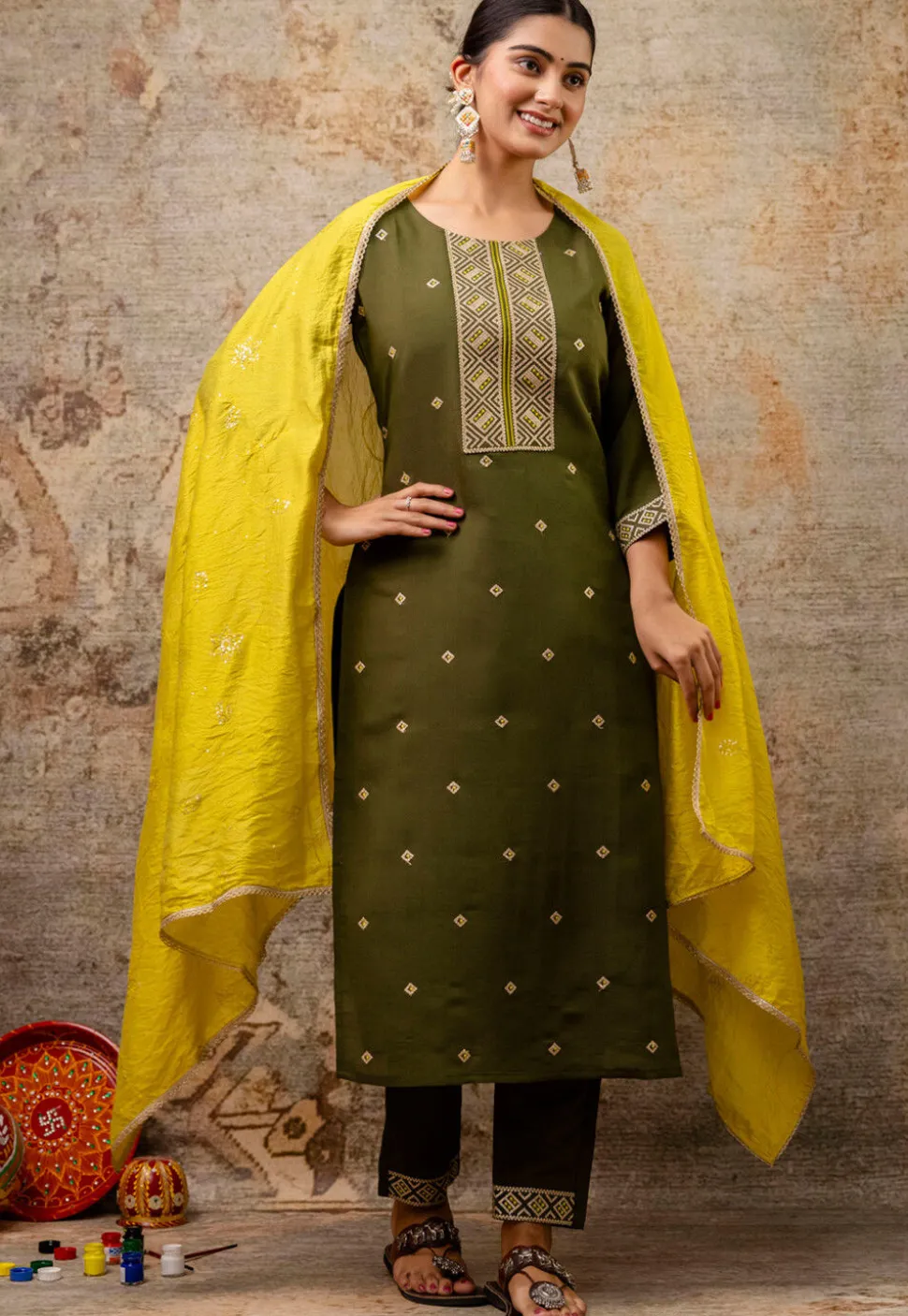 Embroidered Art Silk Pakistani Suit in Olive Green