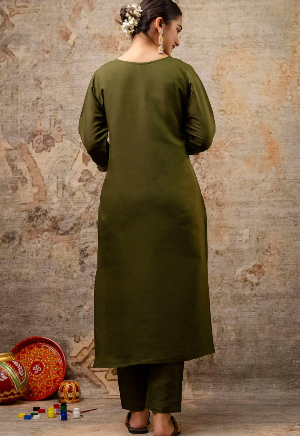 Embroidered Art Silk Pakistani Suit in Olive Green
