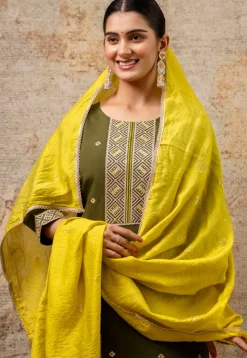 Embroidered Art Silk Pakistani Suit in Olive Green