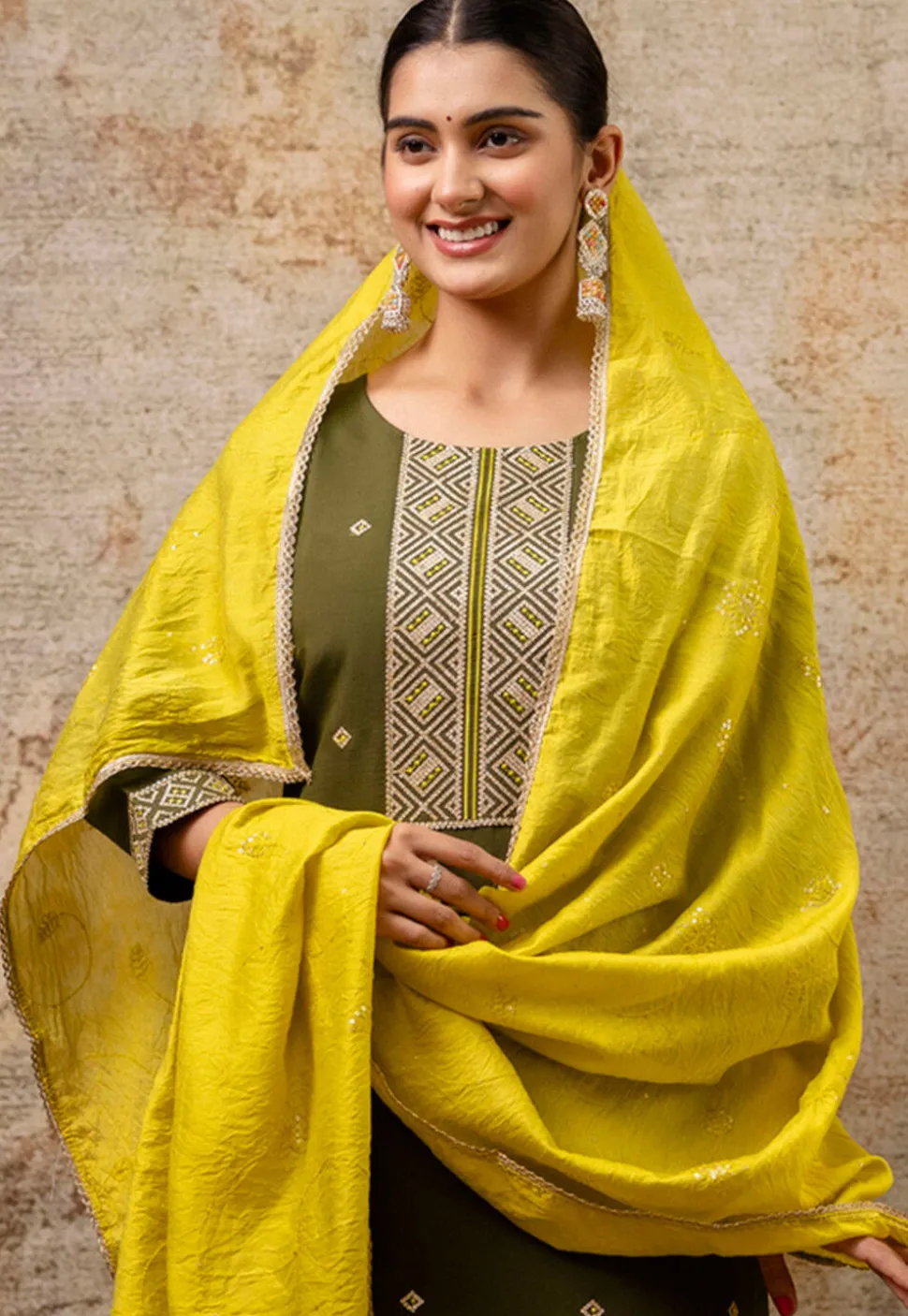 Embroidered Art Silk Pakistani Suit in Olive Green