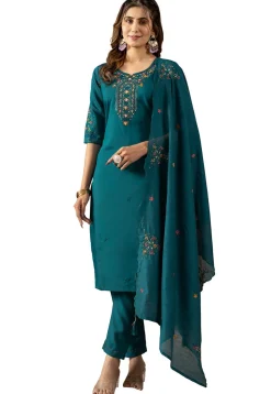 Embroidered Art Silk Pakistani Suit in Teal Green