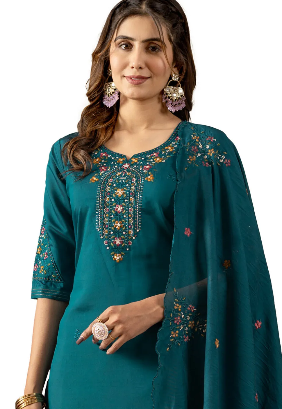 Embroidered Art Silk Pakistani Suit in Teal Green