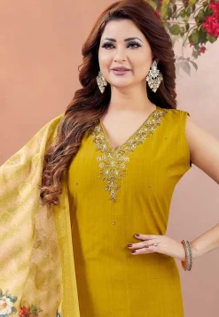 Embroidered Art Silk Pakistani Suit in Mustard