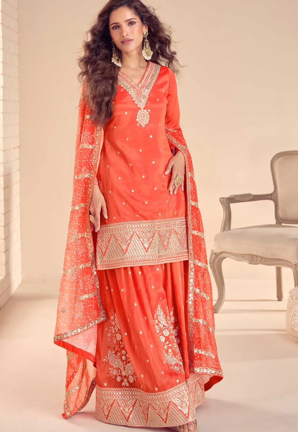 Embroidered Art Silk Pakistani Suit in Orange