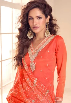 Embroidered Art Silk Pakistani Suit in Orange