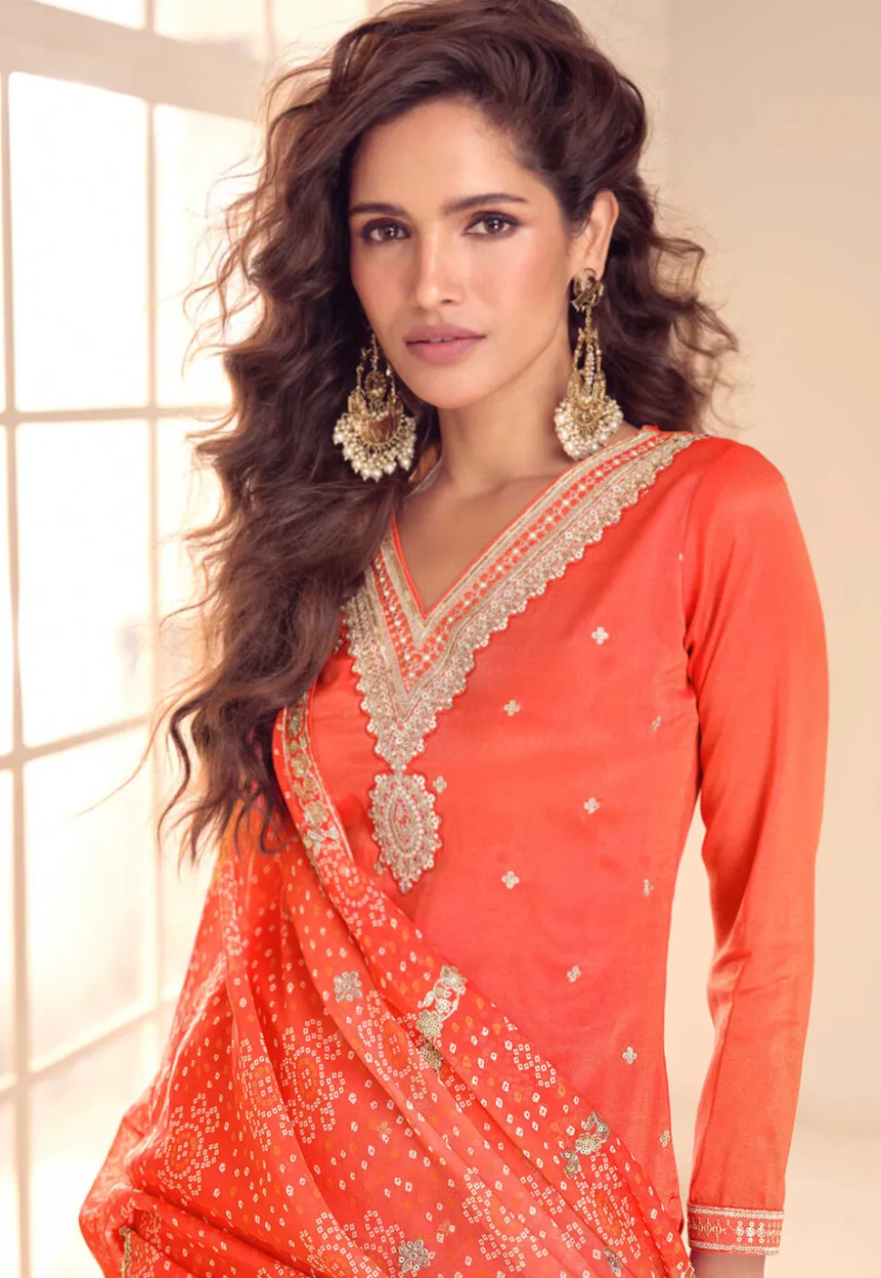 Embroidered Art Silk Pakistani Suit in Orange