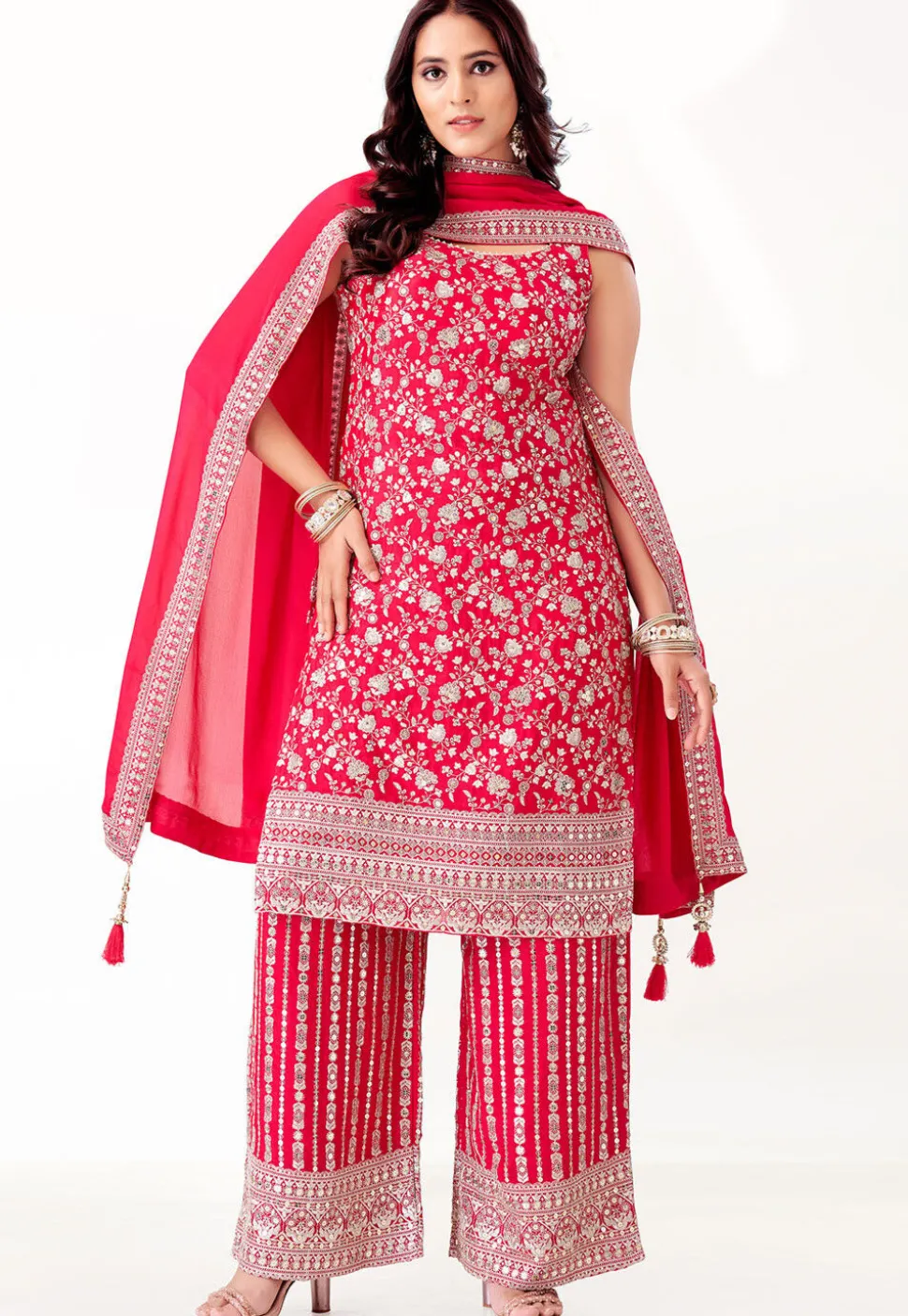 Embroidered Art Silk Pakistani Suit in Fuchsia